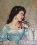 Weerts Jean Joseph, Beautiful pensive portrait of a young woman with a bird and flower